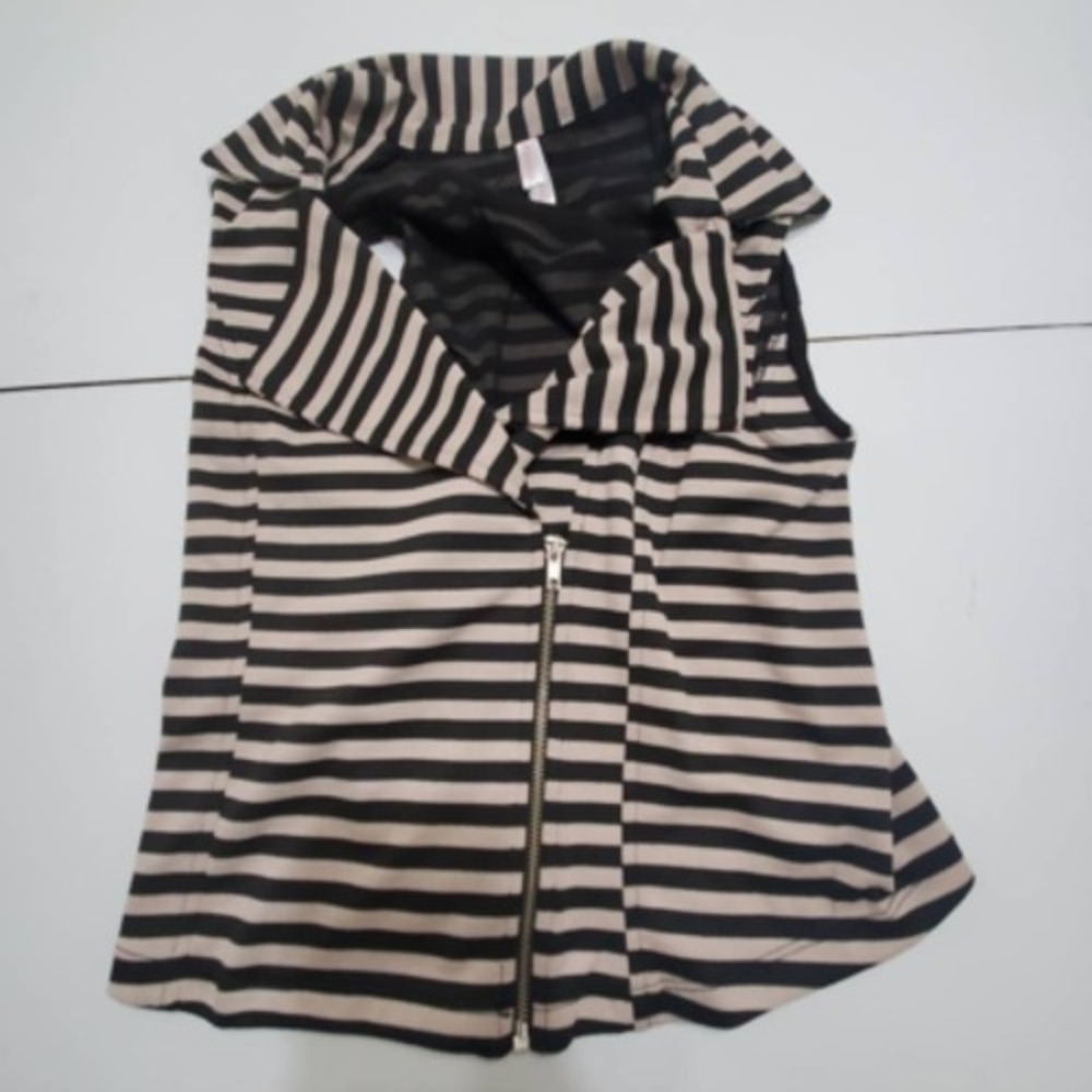Xhilaration Womens Vest Black Beige Striped Asymmetric Zipper Shawl Collar S